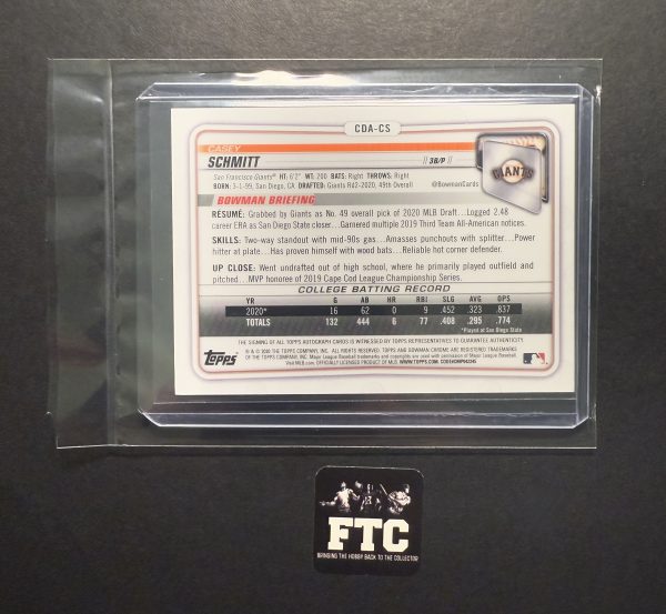 Casey Schmitt, 2020 Bowman Chrome, AU, 1st Bowman **Faded Auto** - Image 2