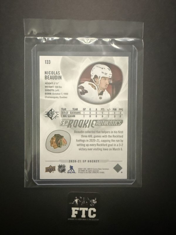 Nicolas Beaudin, 2020-21 SP Hockey, #'d 1227/1299, RC - Image 2