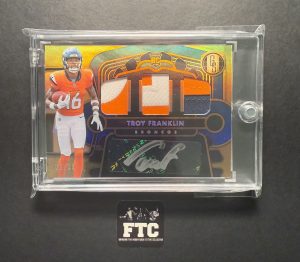 Troy Franklin, 2024 Gold Standard, Rookie Jersey Triple Autograph Sapphire, AU/MEM, #'d 5/10, SSP