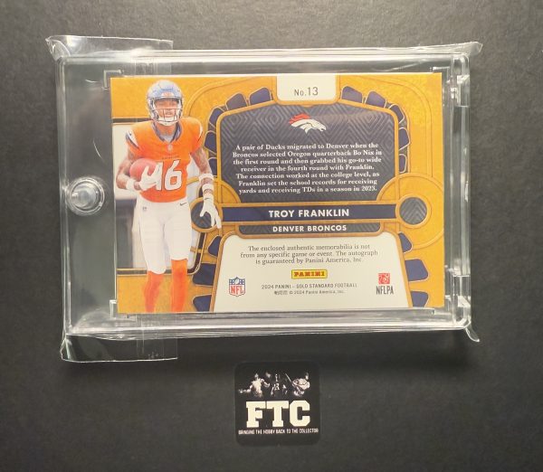 Troy Franklin, 2024 Gold Standard, Rookie Jersey Triple Autograph Sapphire, AU/MEM, #'d 5/10, SSP - Image 2