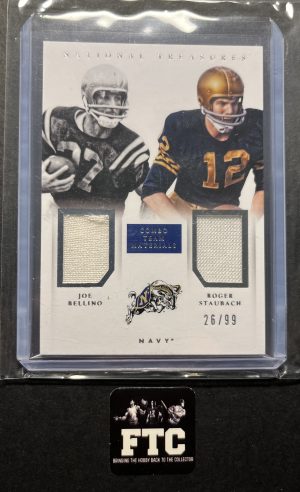 Joe Bellino-Roger Staubach, 2015 National Treasures, Combo Tm Materials, MEM, #'d 26/99, *Creases back*
