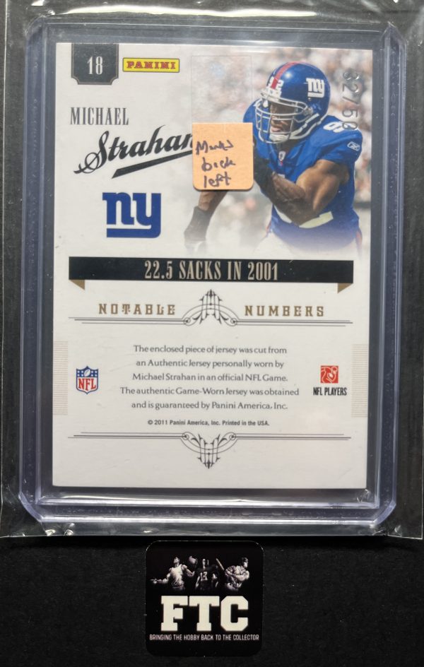 Michael Strahan, 2011 National Treasures, Notable Numbers, MEM, #'d 32/50, *Small marks back* - Image 2