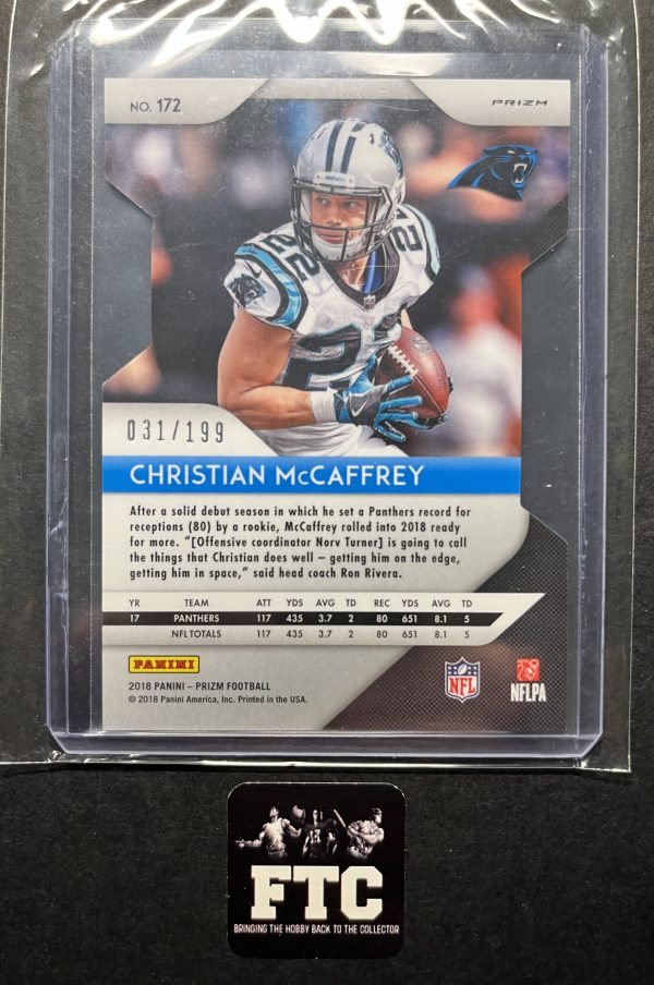 Christian McCaffrey, 2018 Prizm, Blue Die Cut, #'d 31/199 - Image 2