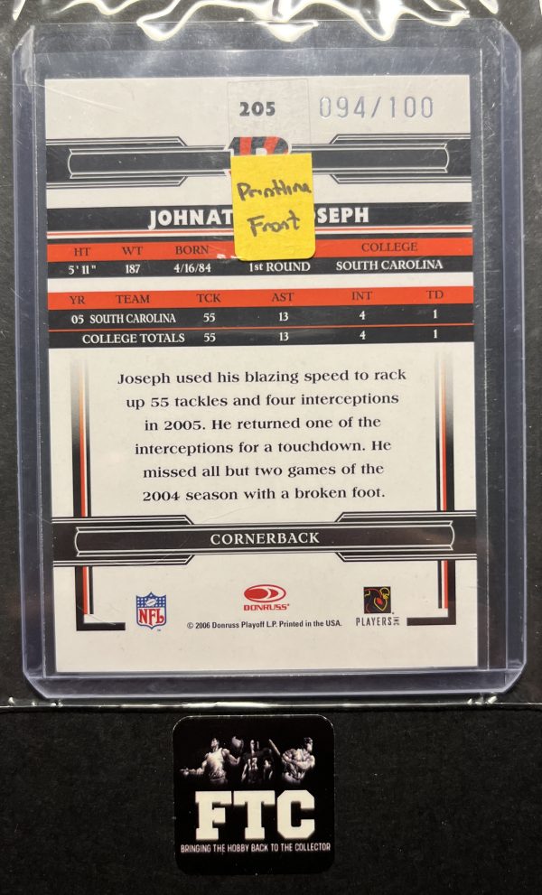 Johnathan Joseph, 2006 Donruss Threads, Silver Holofoils, #'d 94/100, RC *Small printline front* - Image 2