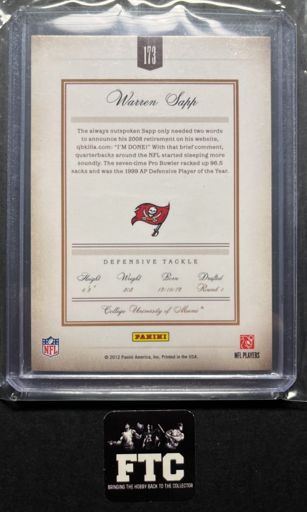 Warren Sapp, 2012 Prime Signatures, #'d 21/499 *NO AUTO* - Image 2