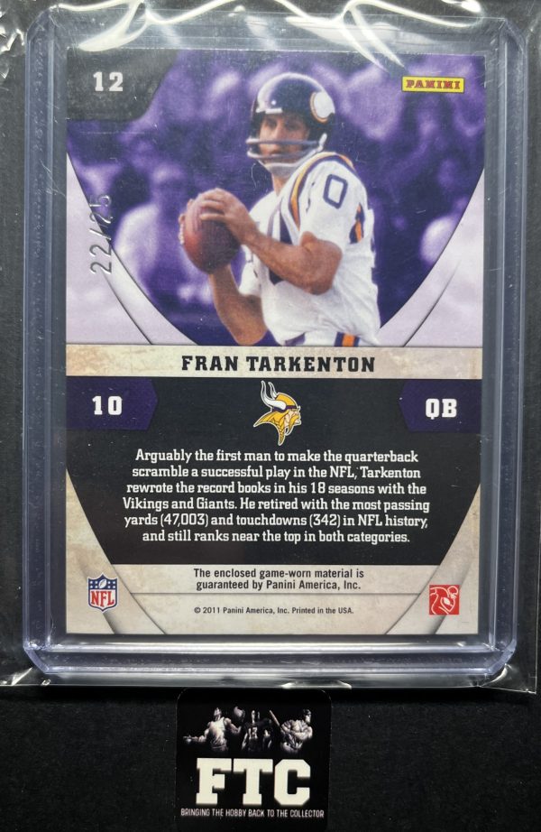 Fran Tarkenton, 2011 Absolute, NFL Icons, MEM, #'d 22/25, SSP - Image 2