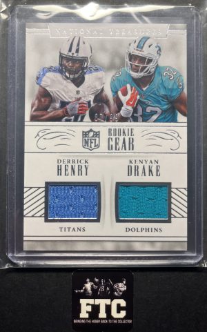 Derrick Henry & Kenyan Drake, 2016 National Treasures, Rookie Gear, MEM, #'d 87/99, RC