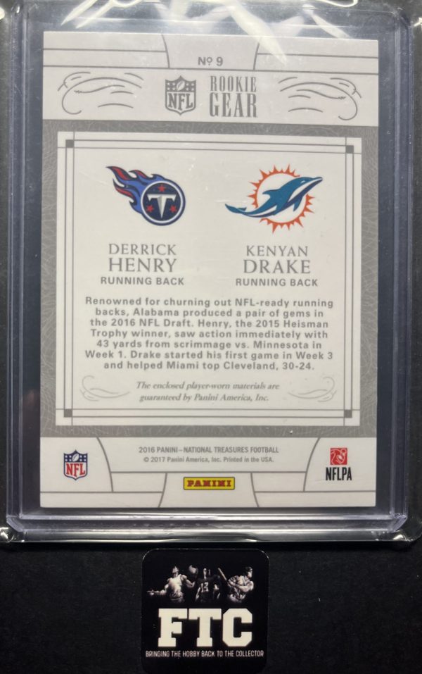 Derrick Henry & Kenyan Drake, 2016 National Treasures, Rookie Gear, MEM, #'d 87/99, RC - Image 2