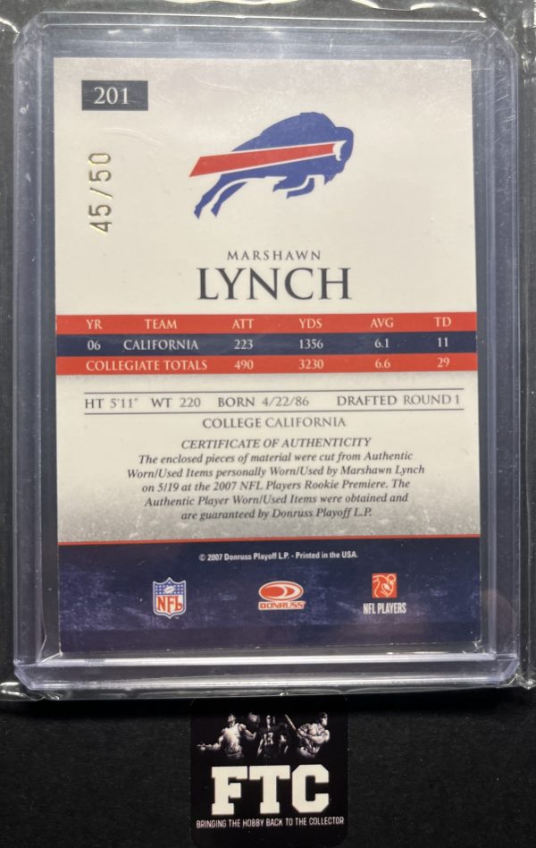 Marshawn Lynch, 2007 Donruss, Rookie Gridiron Gems, MEM, #'d 45/50, RC - Image 2