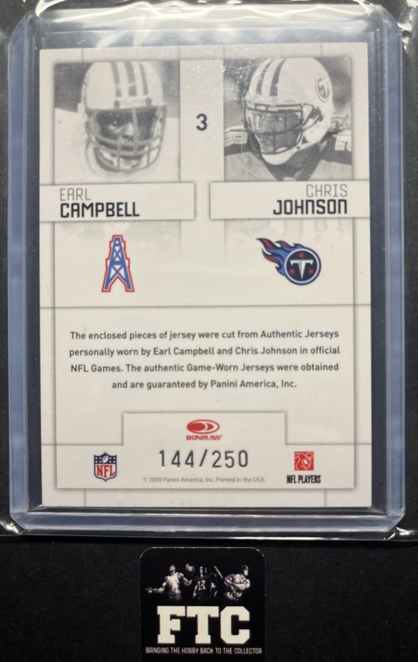 Earl Campbell & Chris Johnson, 2009 Donruss Threads, Generations, MEM, #'d 144/250 - Image 2