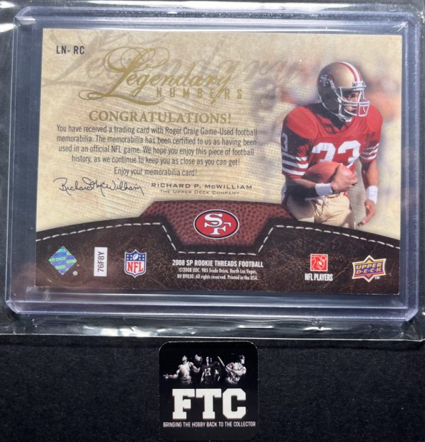 Roger Craig, 2008 SP Rookie Threads, Legendary Numbers, MEM, #'d 7/50, RC - Image 2
