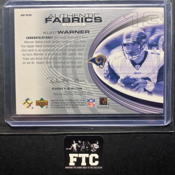 Kurt Warner, 2004 Upper Deck, Authentic Fabrics, MEM - Image 2
