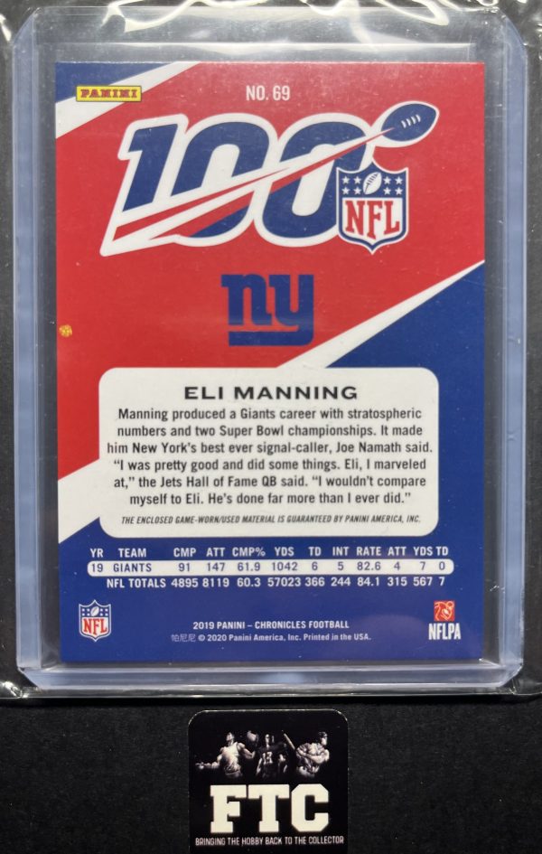 Eli Manning, 2019 Chronicles, NFL 100, MEM, #'d 88/99 - Image 2