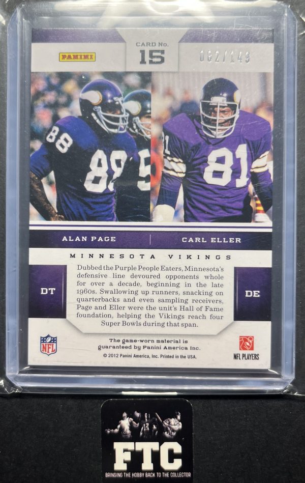 Alan Page & Carl Eller, 2012 Panini Momentum, Double Feature Materials, MEM, #'d 82/149 - Image 2