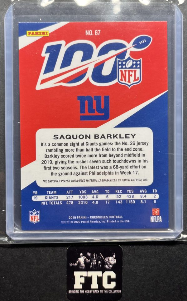Saquon Barkley, 2019 Chronicles, NFL 100, MEM, #'d 63/99 - Image 2