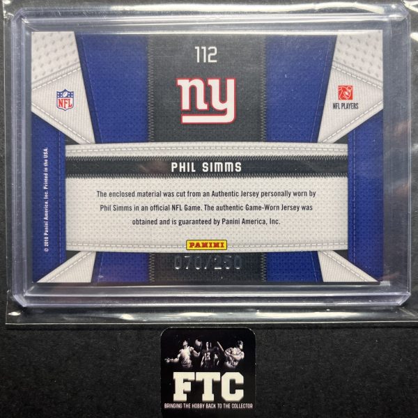 Phil Simms, 2010 Certified, Fabric of the Game, MEM, #'d 70/250 - Image 2